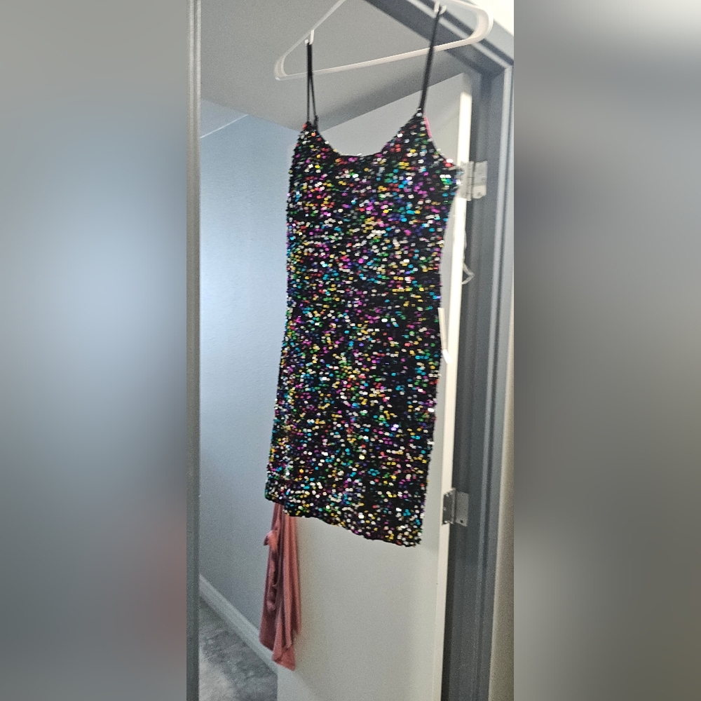 MACY'S: Pear Culture, SZ: 9/10, black dress with rainbow sequins